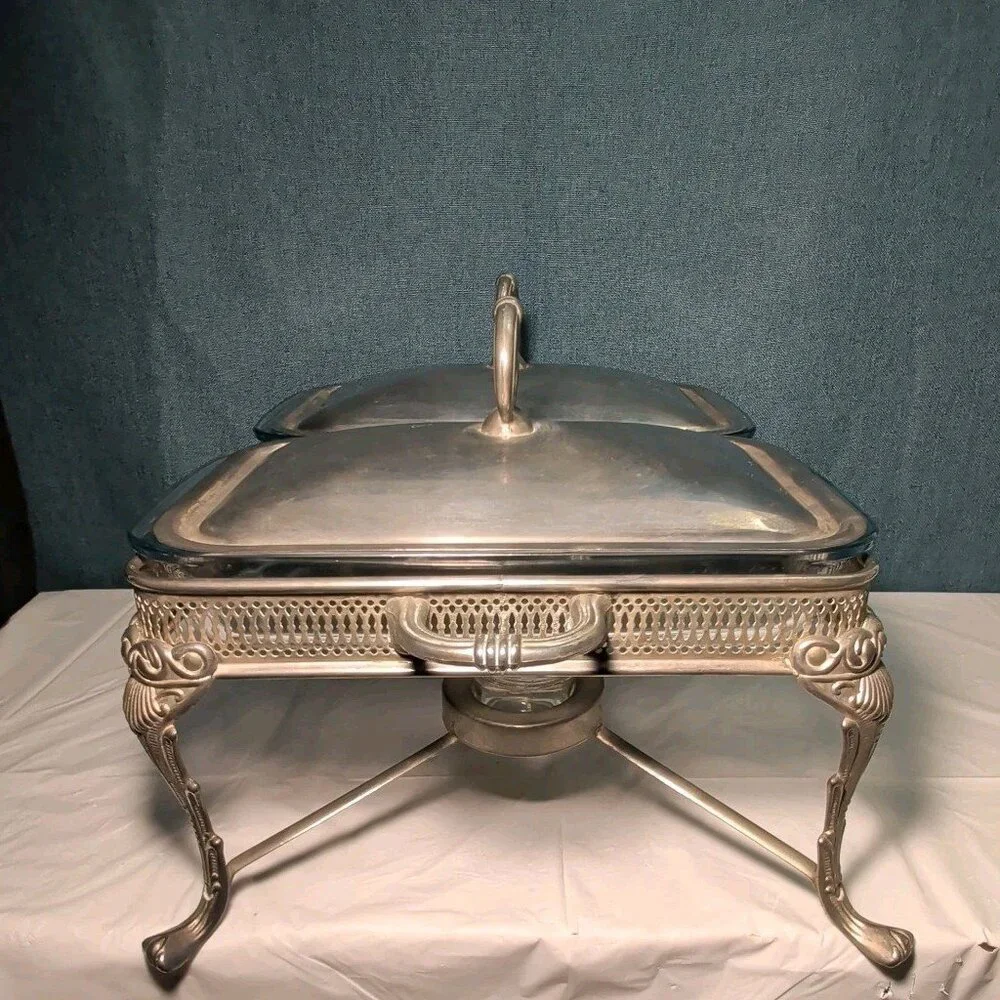 Silver Plated Double Chafer 8 Qt Buffet Server 2 Marinex Glass Pans Lion Feet
